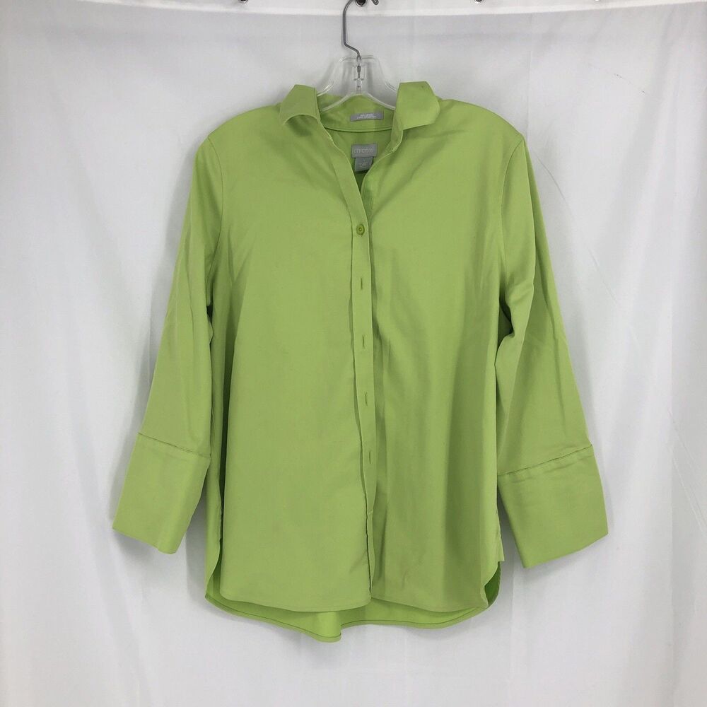 Chico's Size 1 (8) No Iron Button Up Blouse Lime Green